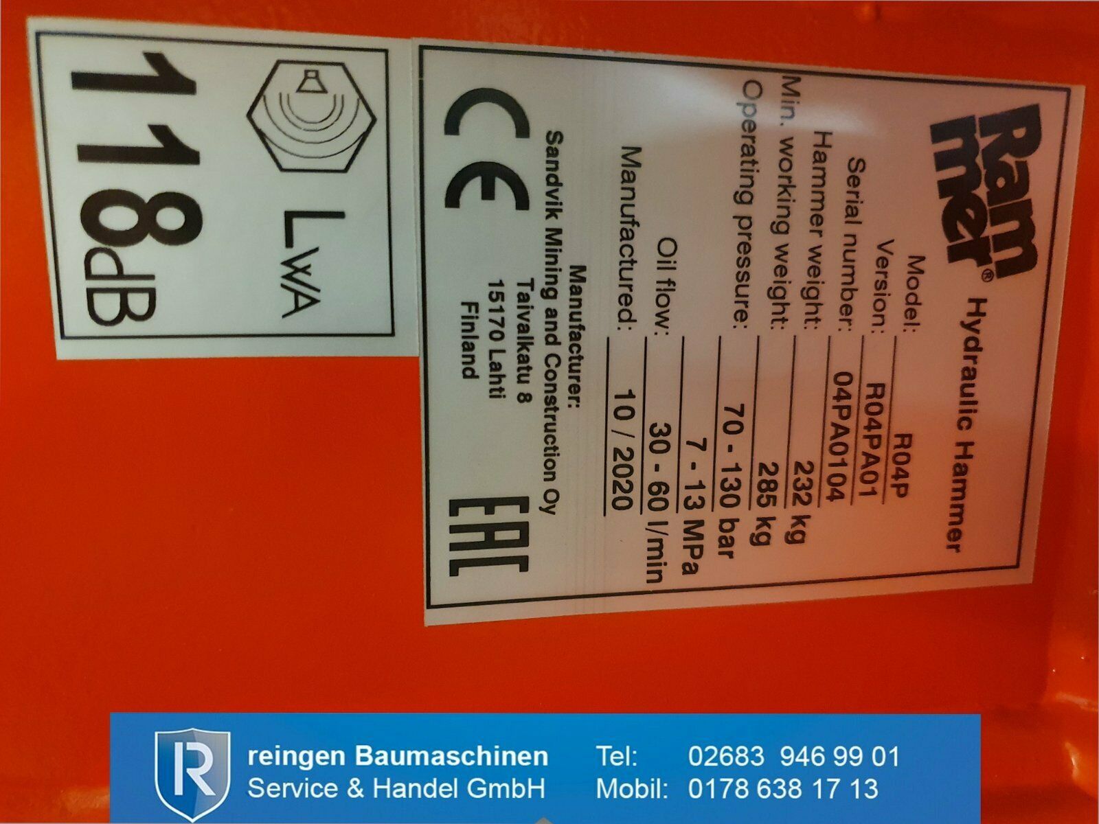 Hydraulikhammer Rammer R04P, Baujahr 2020, 232 kg, Mietgerät