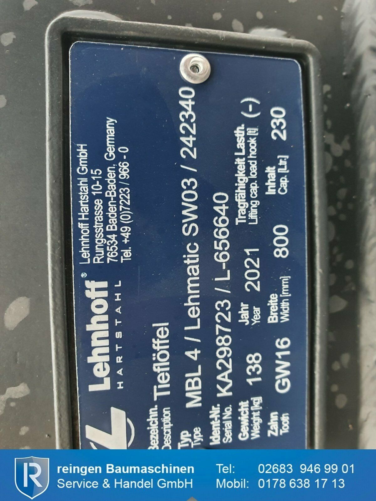 Tieflöffel Lehnhoff MBL4, SW03-Aufnahme, 800 mm, 230 l, neu