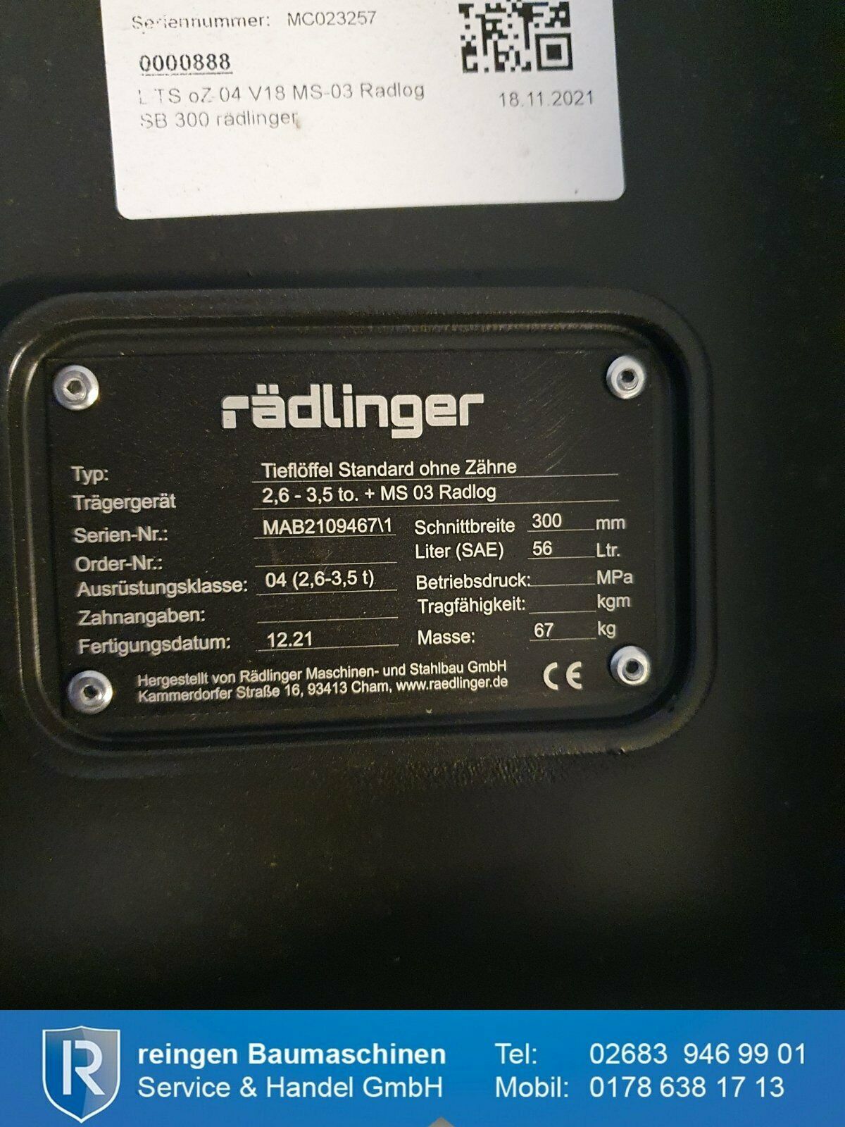 Tieflöffel Rädlinger 300 mm, neu, MS03, für 2,6 bis 3,5 t