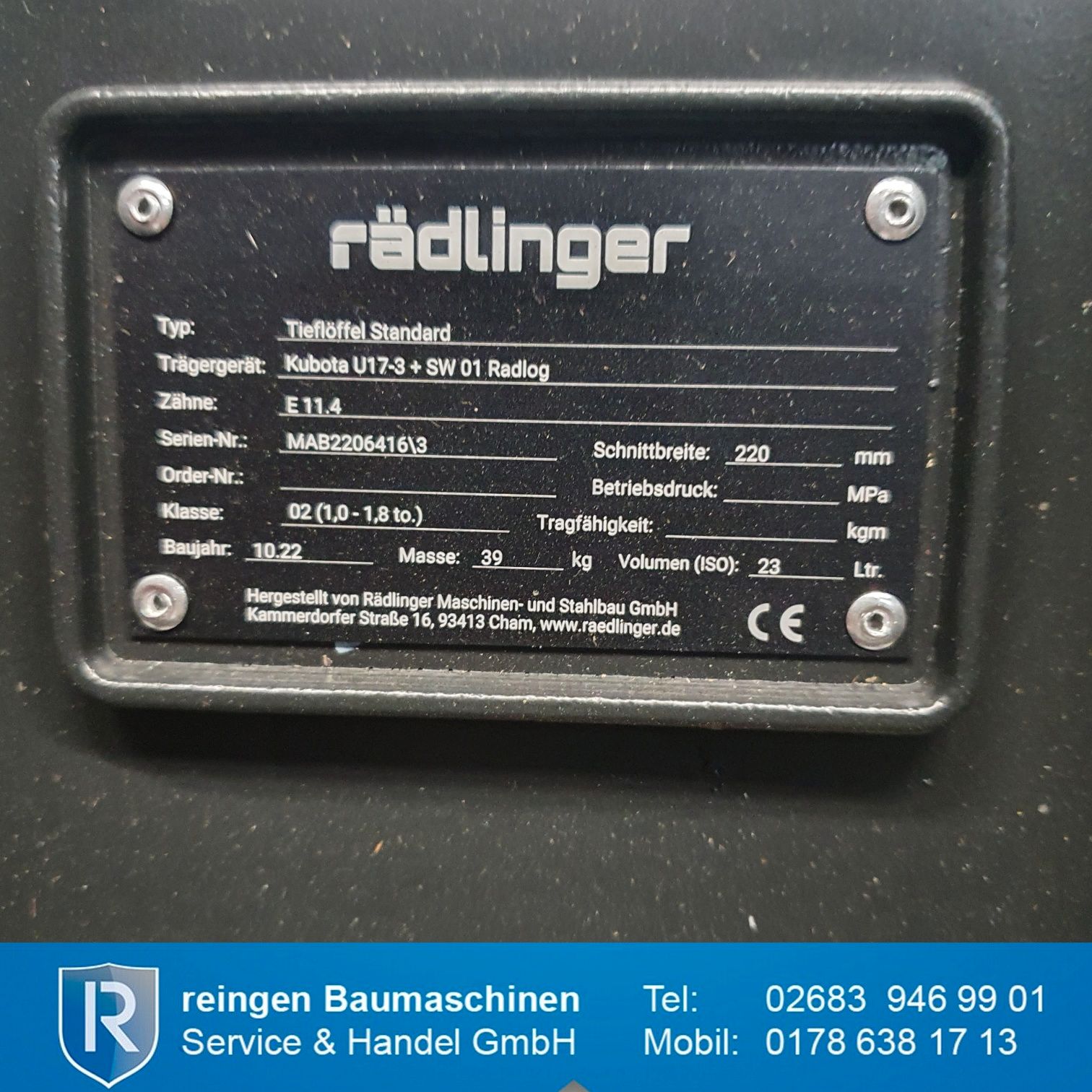 Tieflöffel Rädlinger Klasse 2, neu, 220 mm Breite, 23 Liter