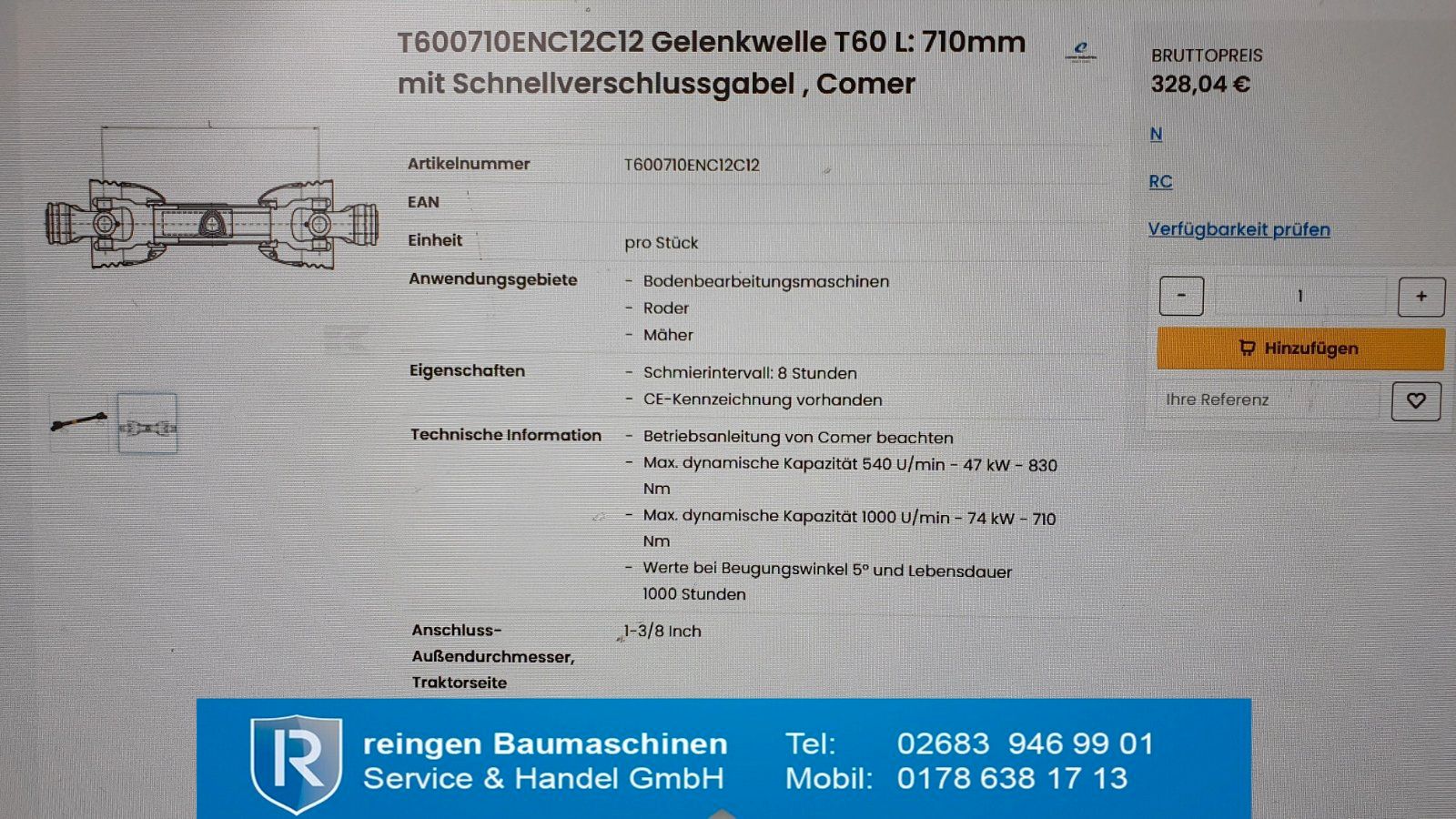 Gelenkwelle T60 Comer, 710 mm, mit Schnellverschlussgabel