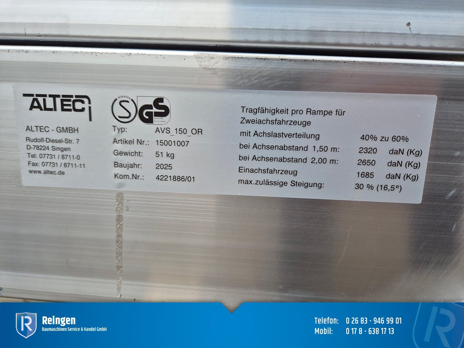 Alu-Verladeschienen Altec AVS 150 OB, 3.685 mm, ohne Rand